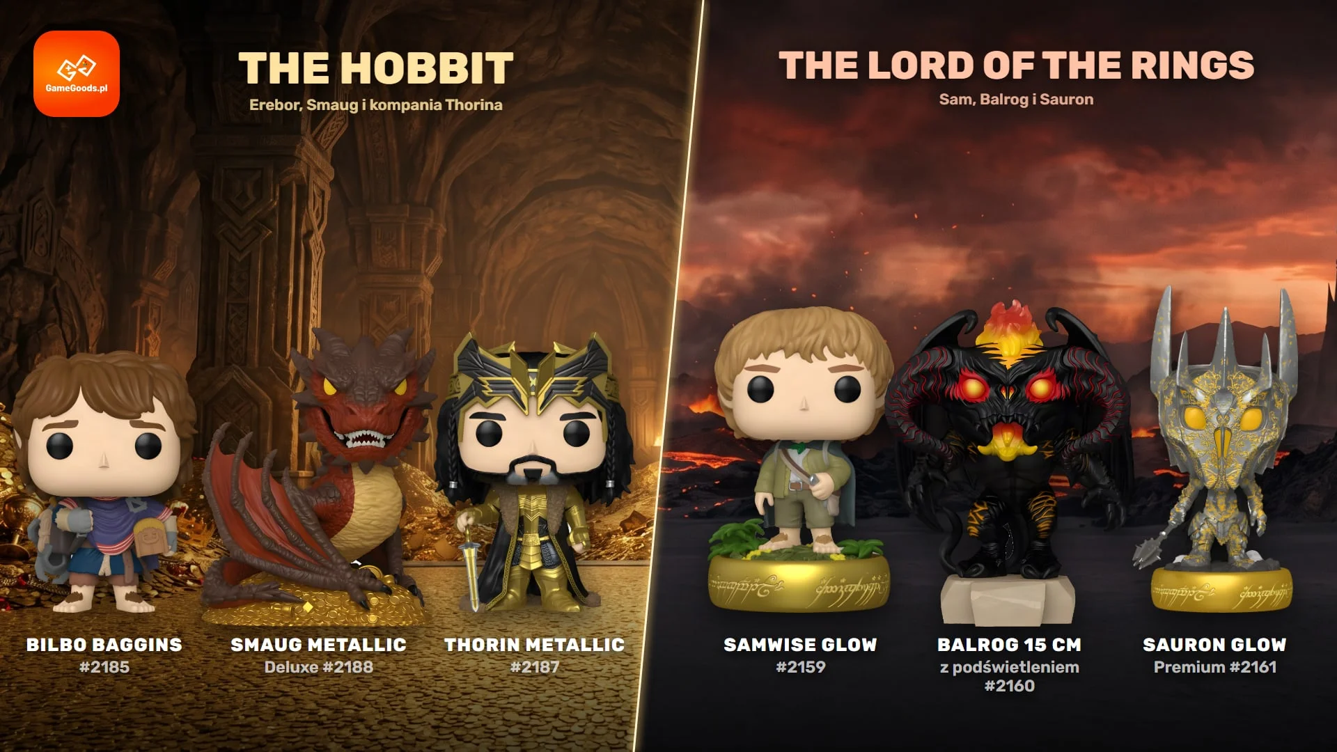 Funko Pop Władca Pierścieni i Hobbit - figurki Bilbo, Smaug Metallic i Thorin w skarbcu Ereboru oraz Sam, Balrog i Sauron na tle Mordoru