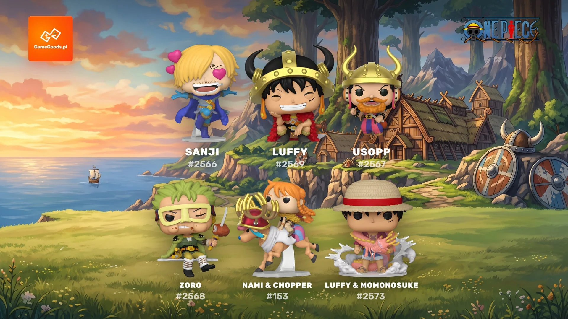 Funko Pop One Piece Elbaf - figurki Sanji, Luffy, Usopp, Zoro, Nami z Chopperem oraz Luffy z Momonosuke na tle wyspy olbrzymów