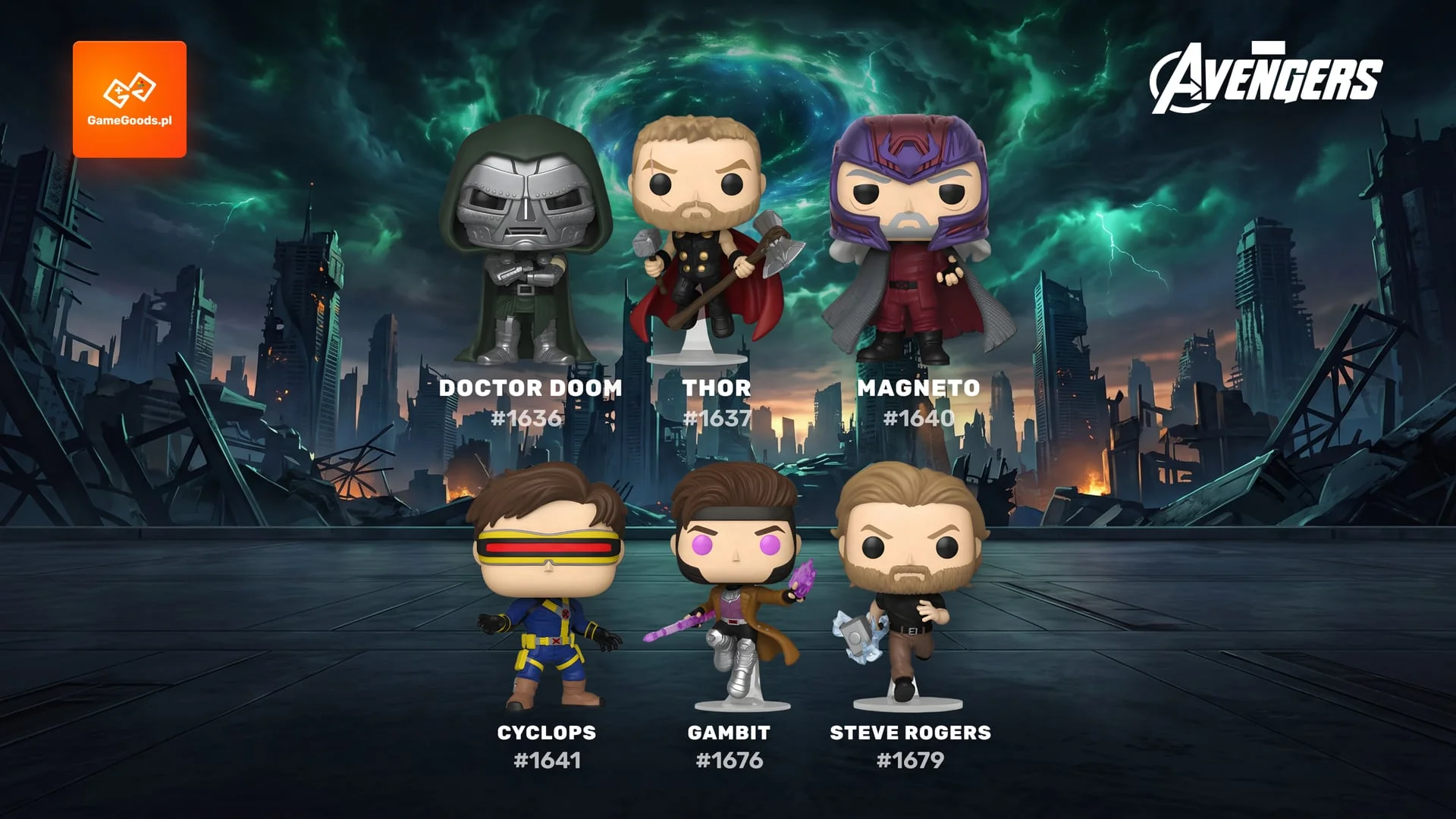 Funko Pop Avengers Doomsday - figurki Doctor Doom, Thor, Magneto, Cyclops, Gambit i Steve Rogers na tle zrujnowanego miasta