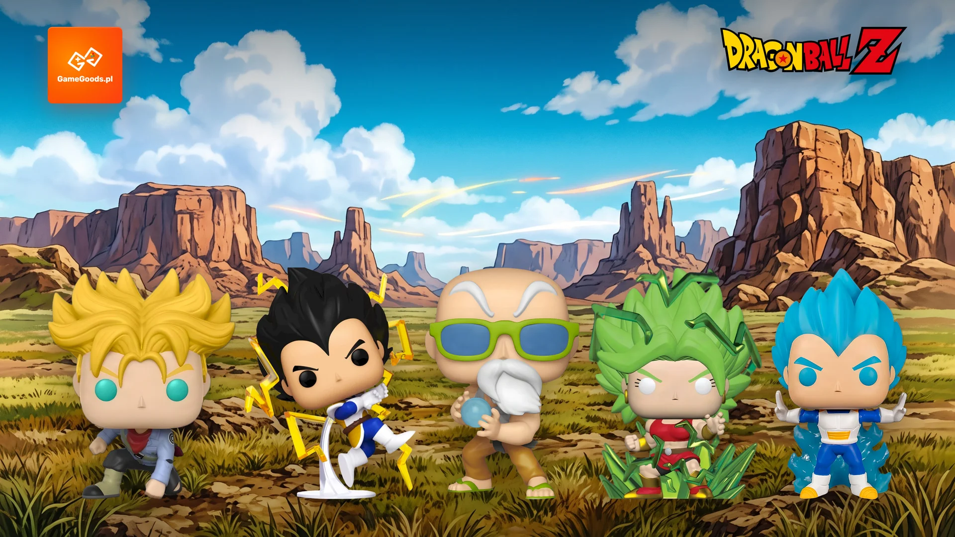 Funko Pop Dragon Ball - Future Trunks, Vegeta, Mistrz Roshi, Kale i Vegeta Super Saiyan Blue na tle krajobrazu z Dragon Ball Z