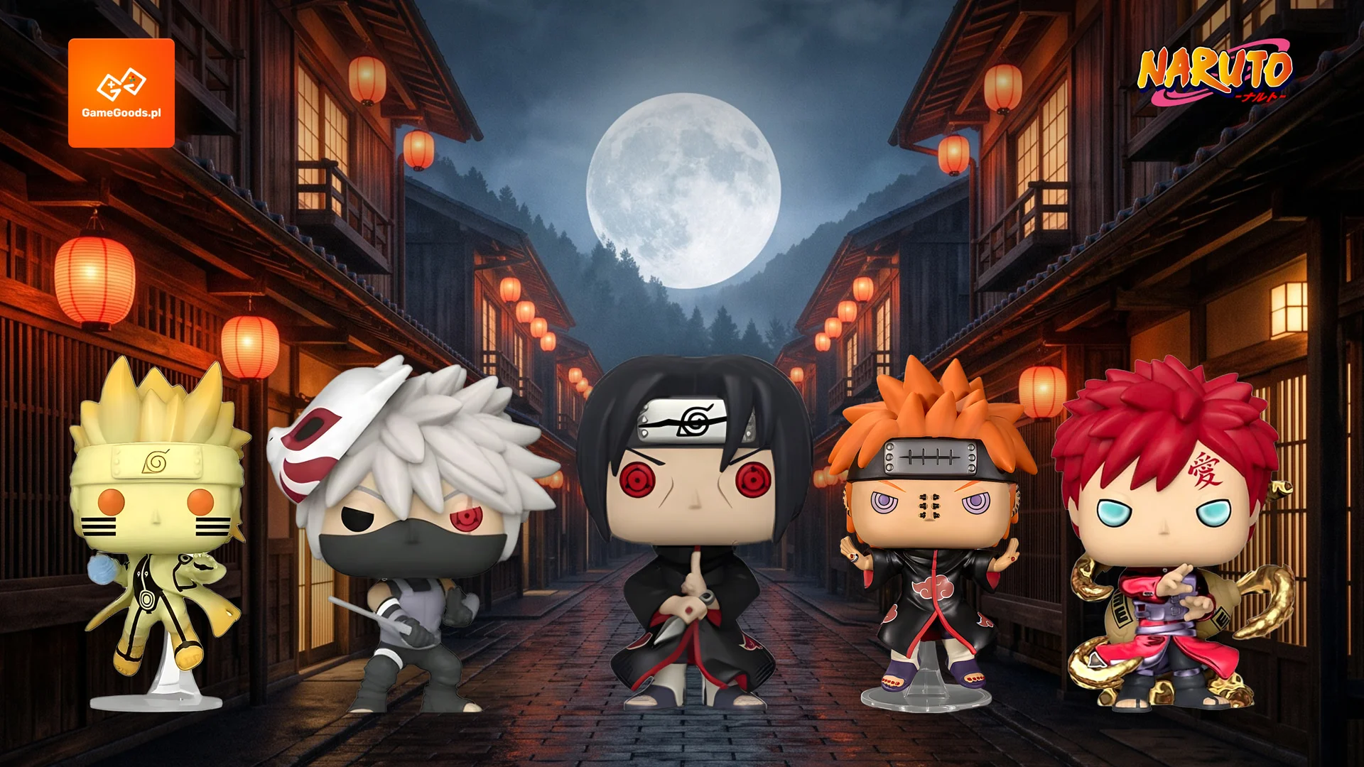 Funko Pop Naruto - Naruto, Kakashi Anbu, Itachi, Pain i Gaara na nocnej ulicy wioski ninja