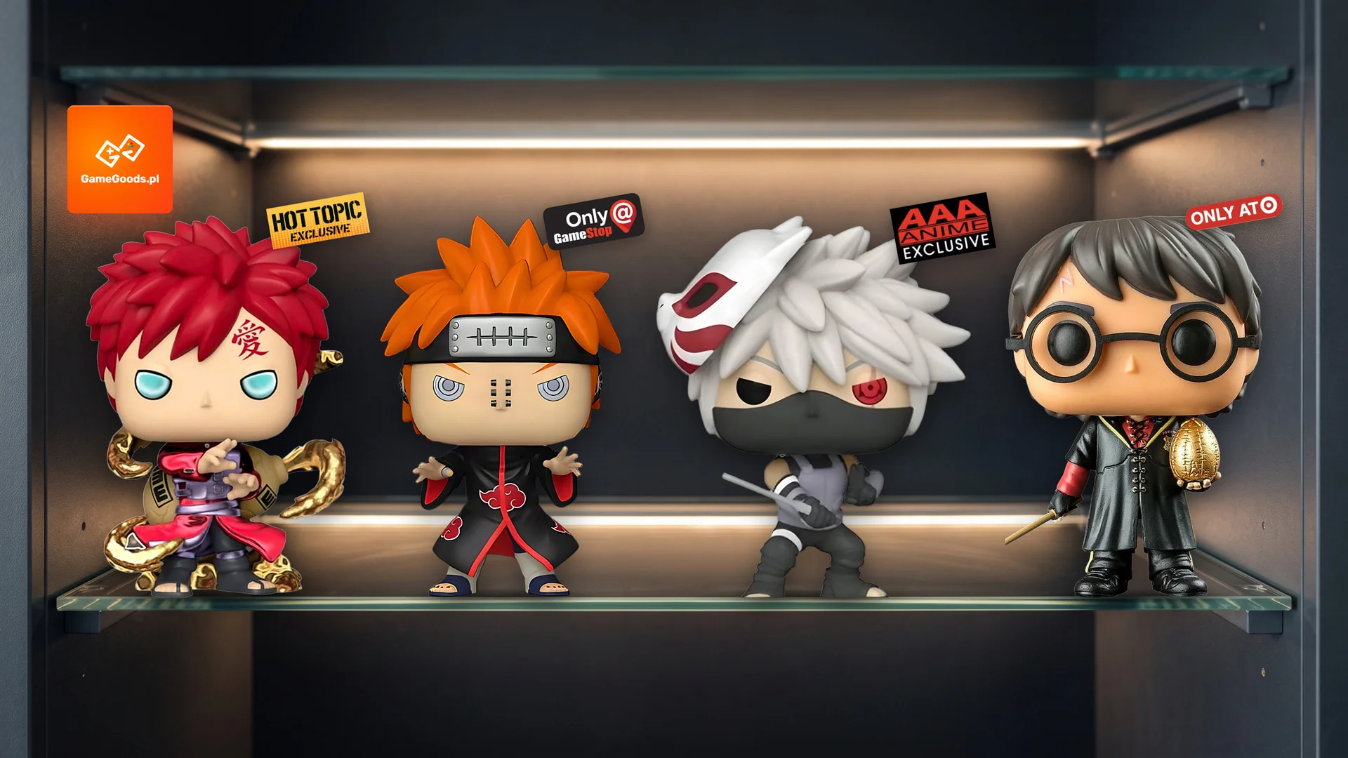 Funko Pop exclusive z USA - Gaara Hot Topic, Pain GameStop, Kakashi AAA Anime i Harry Potter Target z naklejkami sklepów w gablocie