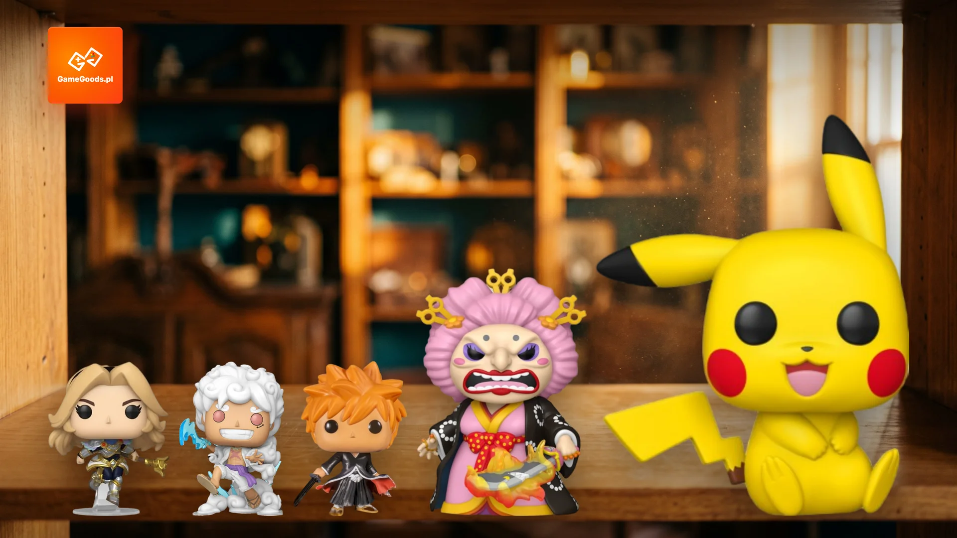Czym są figurki Funko Pop - pięć figurek na półce kolekcjonera w prawdziwych proporcjach, od 9 do 25 cm