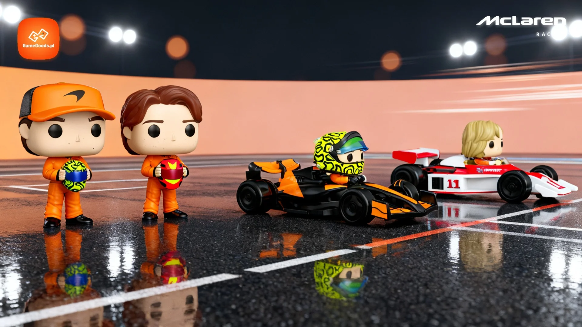 Funko Pop McLaren F1 - figurki Lando Norrisa i Oscara Piastriego oraz bolidy McLaren MCL39 i M23D Jamesa Hunta na torze