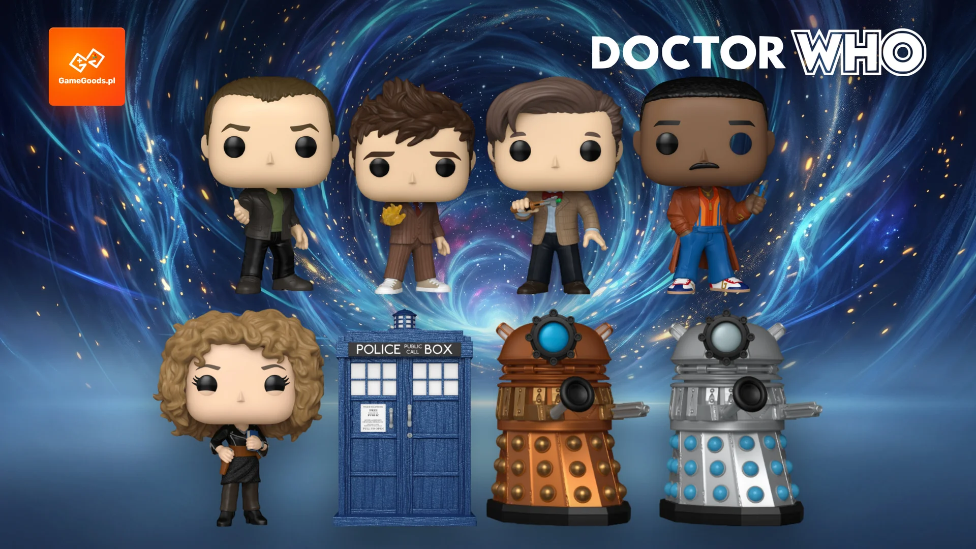 Funko Pop Doctor Who - figurki Dziewiątego, Dziesiątego, Jedenastego i Piętnastego Doktora, River Song, TARDIS i Daleki na tle wiru czasu