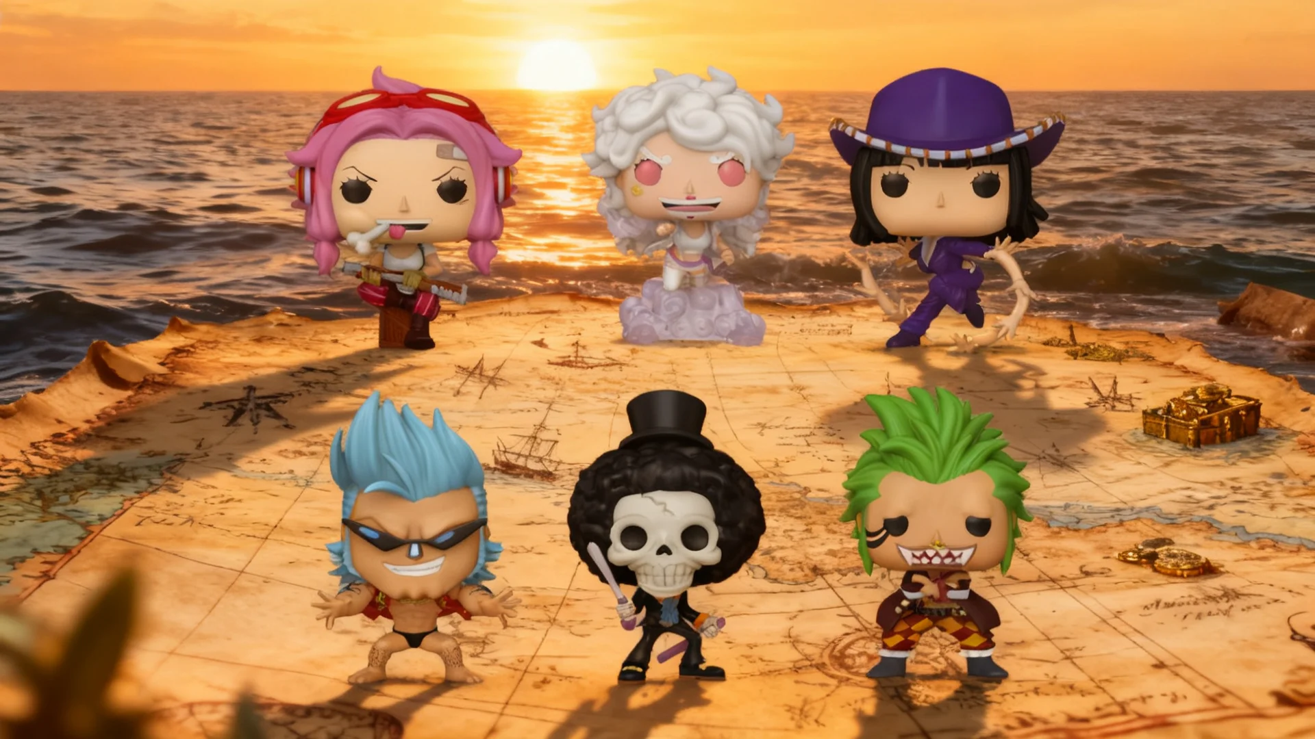 Funko Pop One Piece - figurki Jewelry Bonney, Ginny, Nico Robin, Franky i Brook z nowej fali na mapie Grand Line