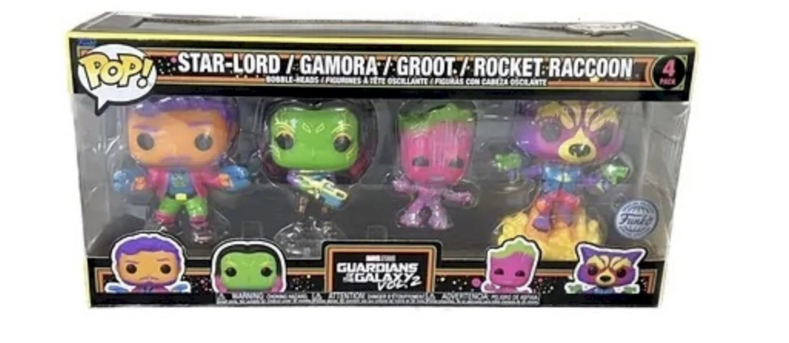 Figurka Funko POP Zestaw 4 figurek Marvel Guardians of the Galaxy: Star-Lord, Gamora, Groot, Rocket Raccoon Blacklight Exclusive