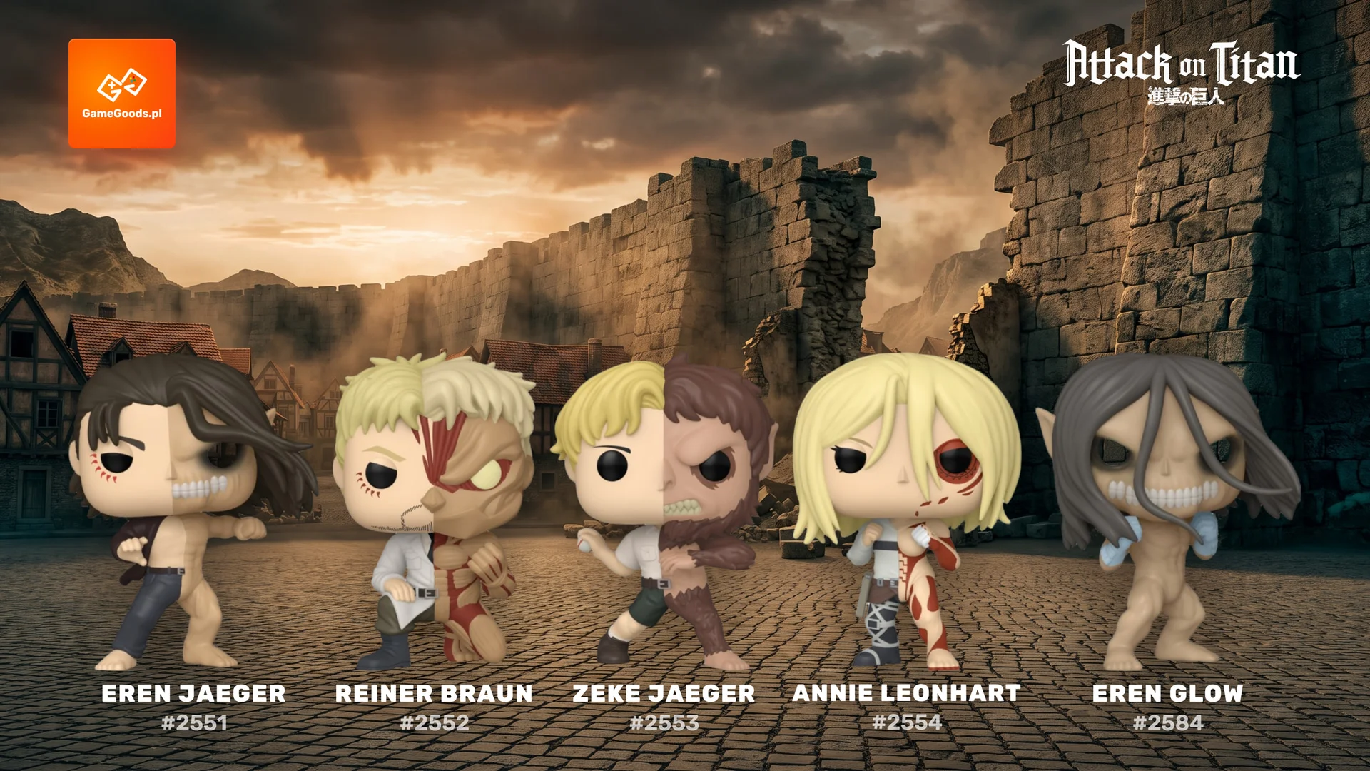 Funko Pop Attack on Titan - figurki Split Erena, Reinera, Zeke i Annie, w połowie ludzie, w połowie tytani, na tle murów Paradis