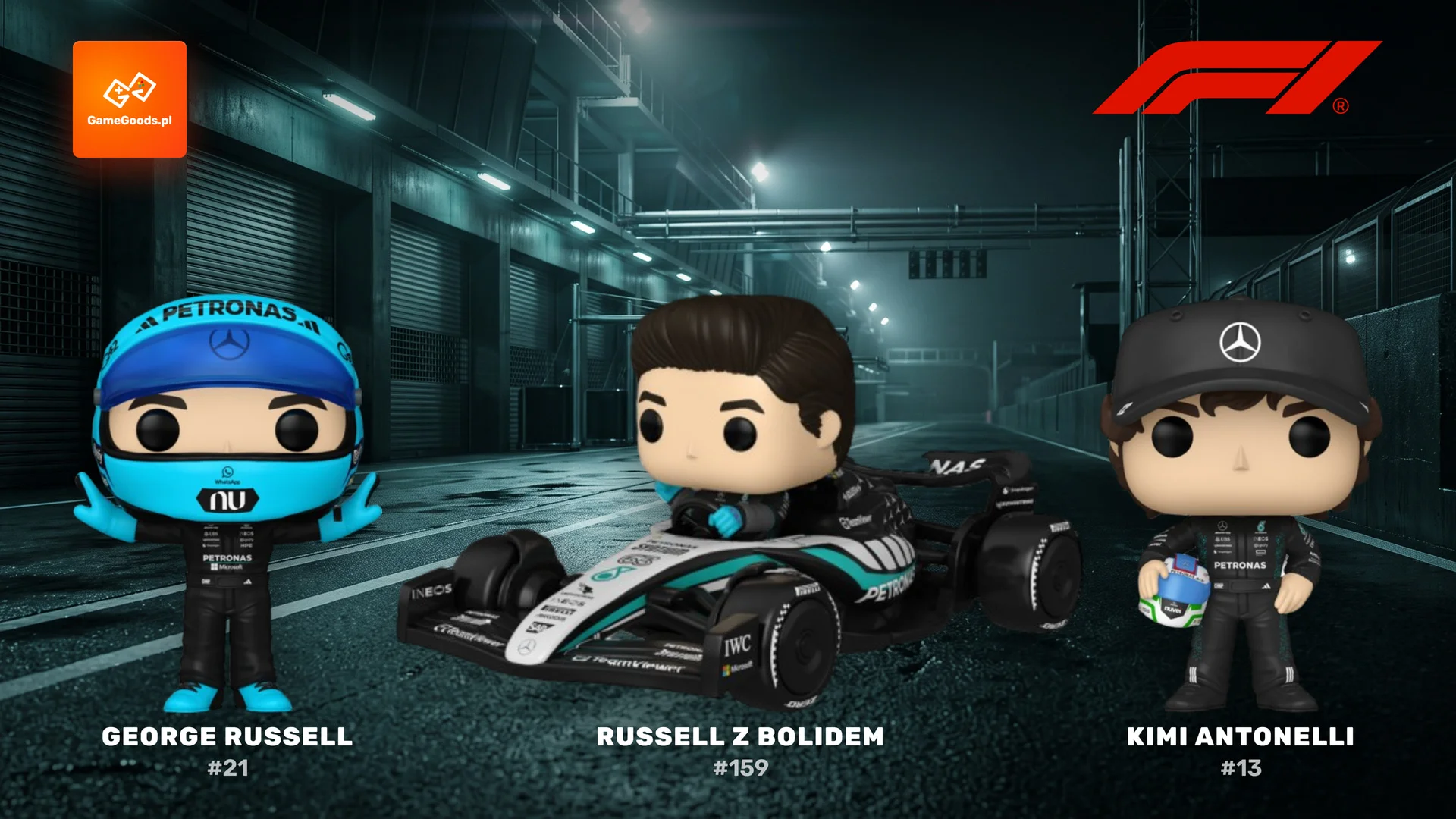 Funko Pop Mercedes F1 - figurka George'a Russella i zestaw Rides z bolidem Mercedes-AMG Petronas w alei serwisowej