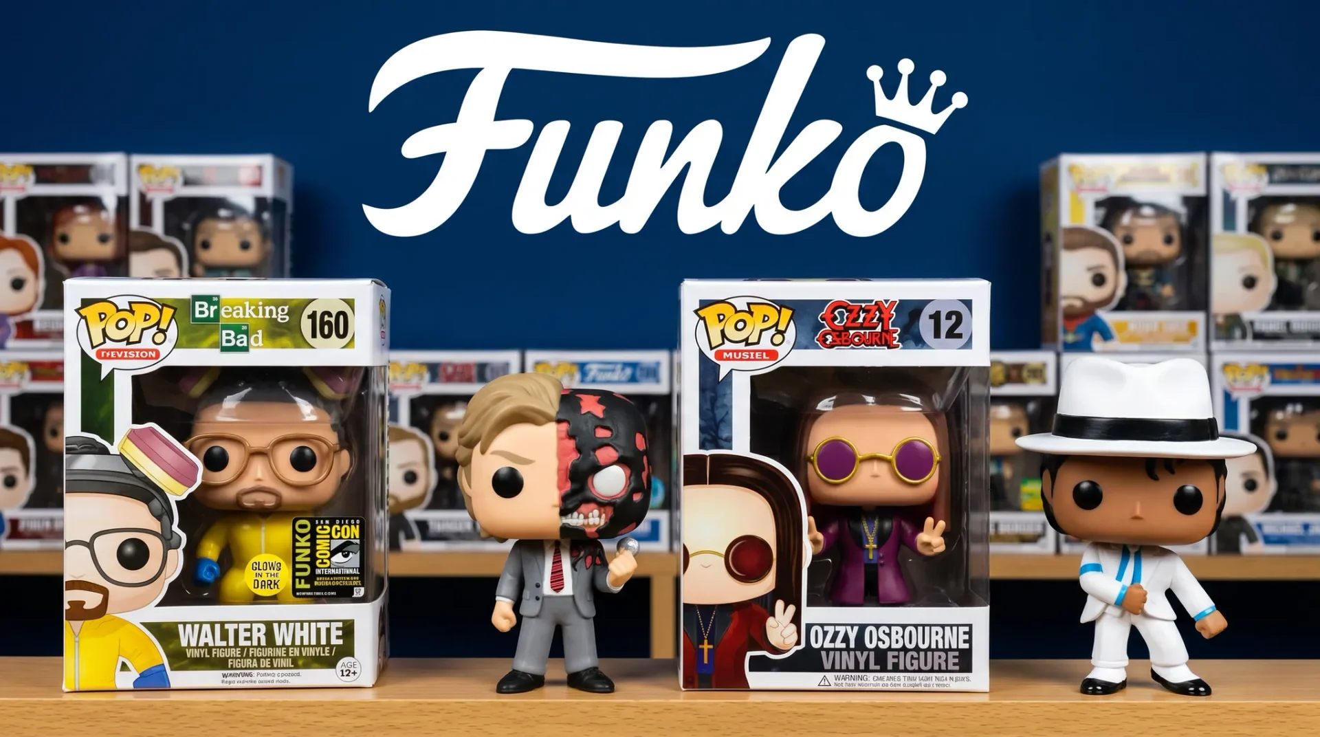 Najdroższe Funko Pop na półce kolekcjonera - Walter White GLOW z naklejką San Diego Comic-Con, Harvey Dent, Ozzy Osbourne #12 i Michael Jackson