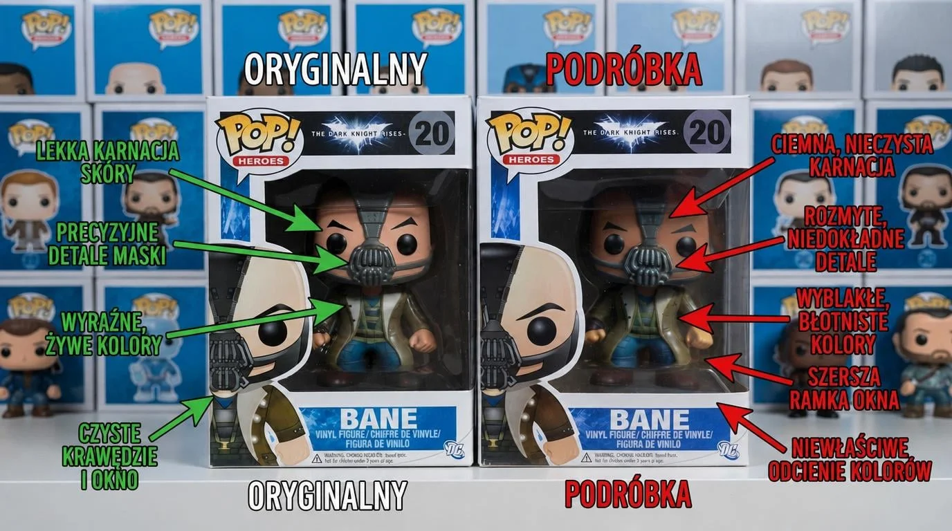 Porównanie oryginalnego Funko Pop i podróbki (Bane) — różnice w karnacji, detalach maski, kolorach i pudełku