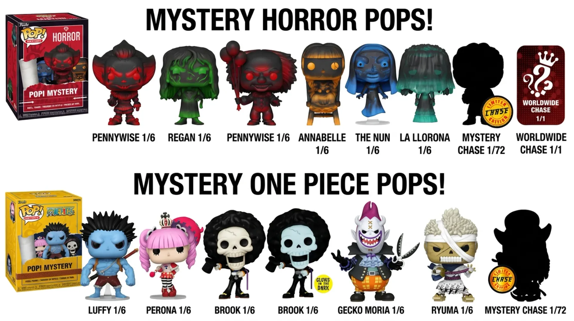 Funko Pop! Mystery - blind boxy Horror (Pennywise, Regan, Annabelle, Zakonnica, La Llorona) i One Piece (Nightmare Luffy, Perona, Brook glow in the dark) z Mystery Chase 1:72 i Worldwide Chase 1/1