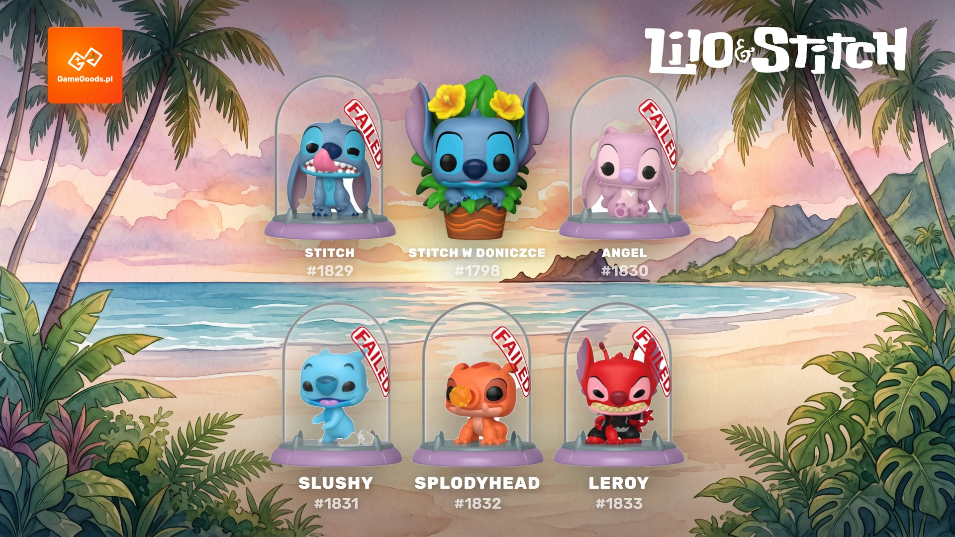 Funko Pop Stitch - figurki Stitch, Angel, Slushy, Splodyhead i Leroy w szklanych kapsułach Deluxe oraz Stitch w doniczce na tle hawajskiej plaży